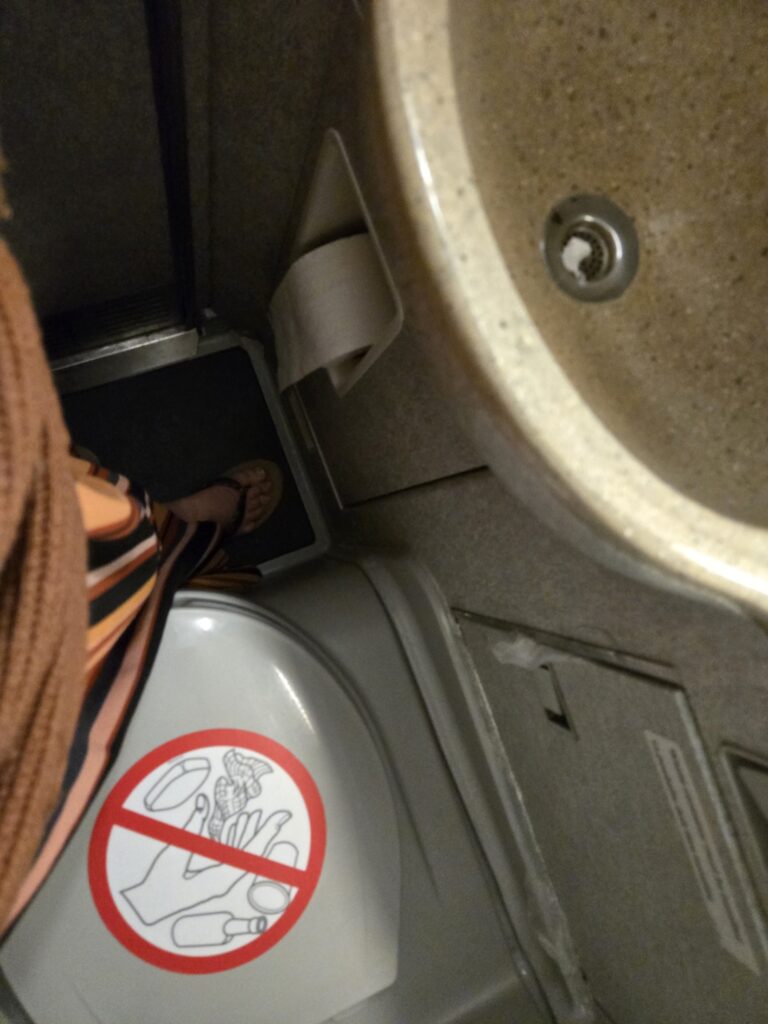Inside the tiny lav, with very little space to move around