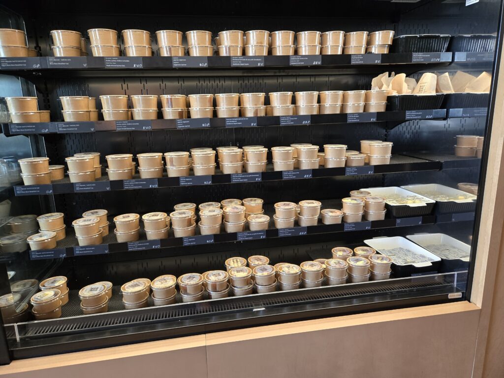 A wall of pre packaged dressings and snacks at the Air Canada Café in Montreal 