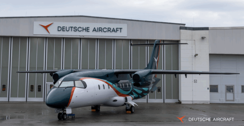 Deutsche Aircraft D328eco test aircraft in front of a hangar