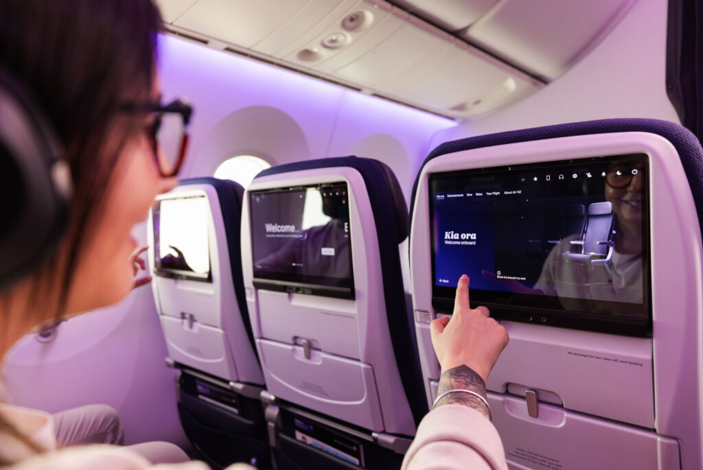 Economy class inflight entertainment screens on the 787-9 Dreamliner.