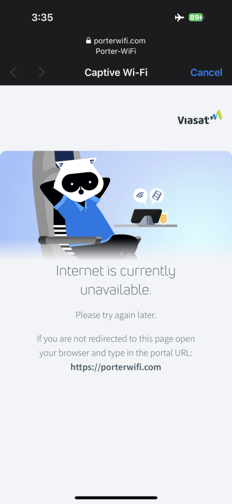 Screen shot of the Wi-Fi portal showing that the Internet is presently unavailable. 