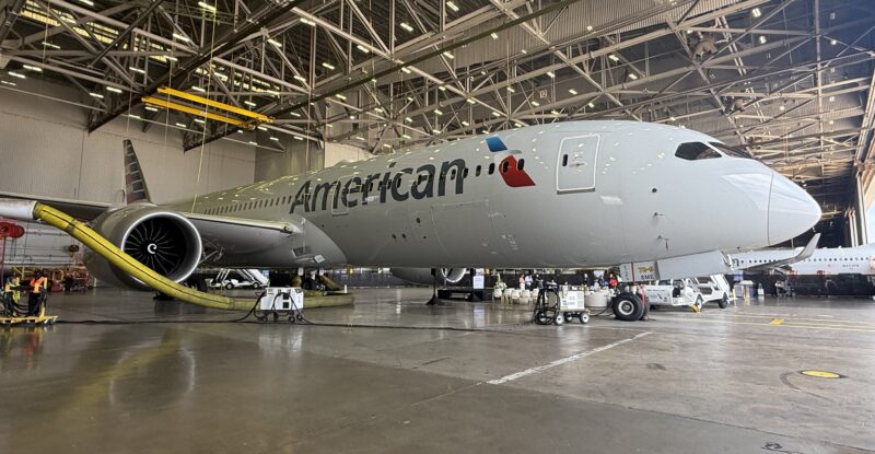 American Airlines 787-9 in the hangar in Fort Worth