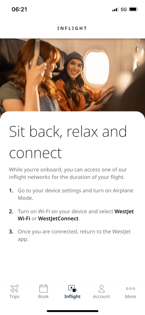 WestJet Wi-Fi portal, with instructions on how to connect.