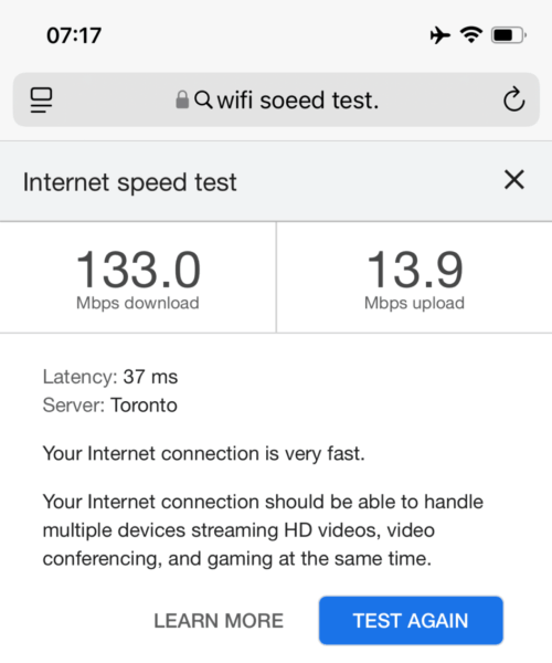 Screen shot of speed testing showing 133 Mbps down, 13.9 Mbps up and a stunning latnecy of just 37 ms