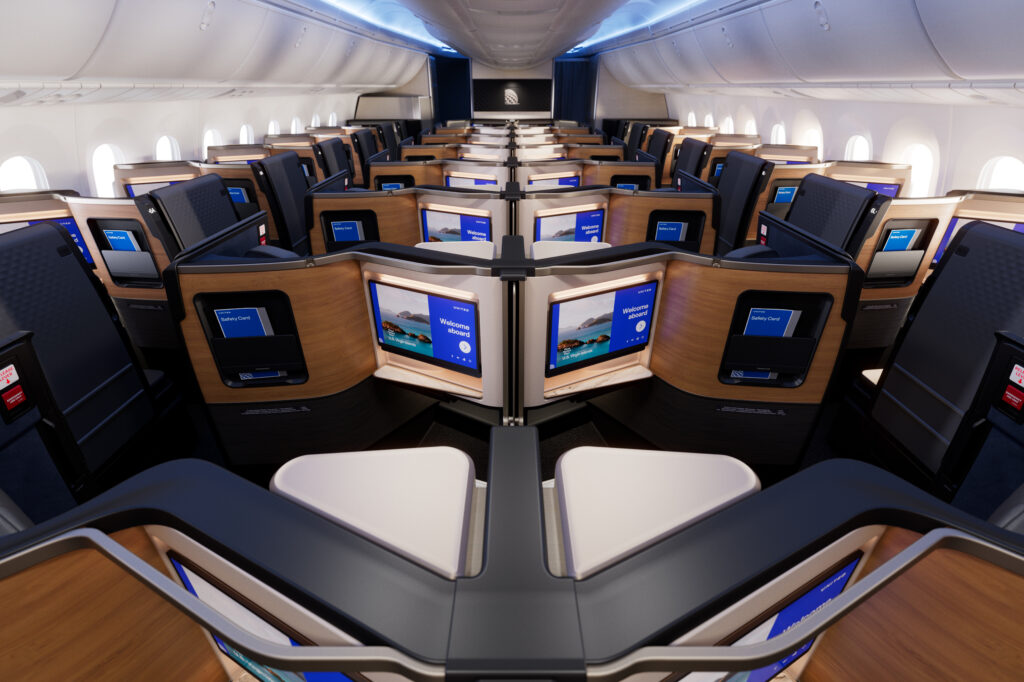 United Polaris business class cabin from the rear.