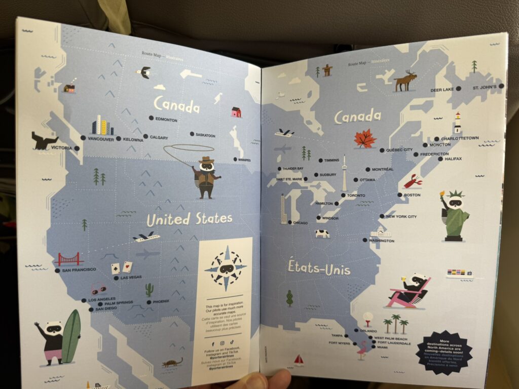 Porter inflight magazine showing the carrier's destinations in Canada and the USA