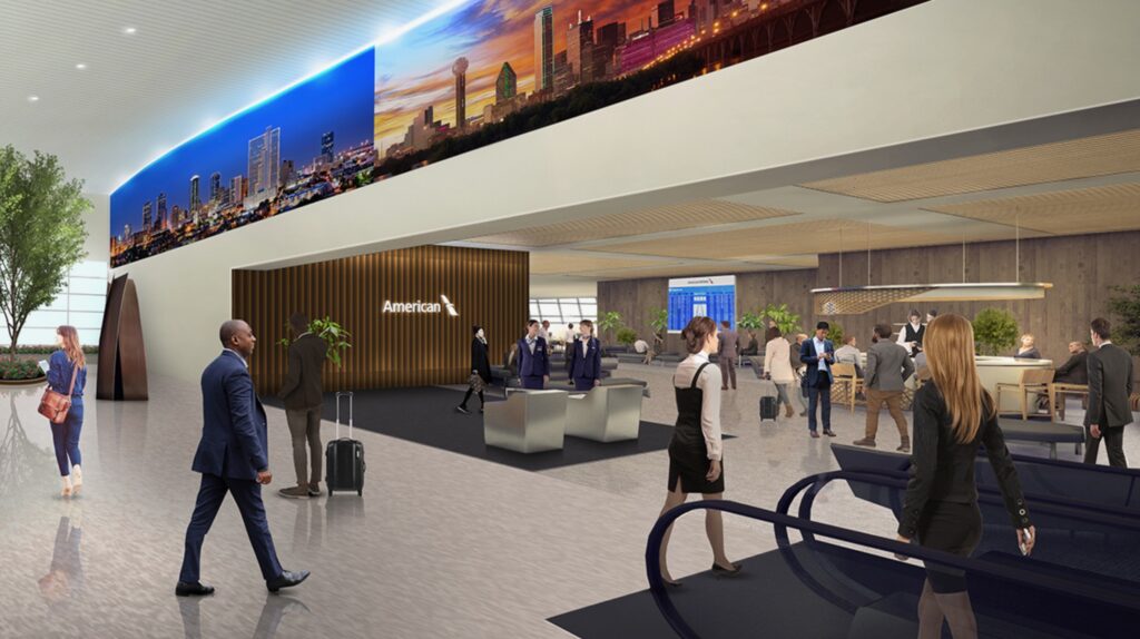 Rendering: inside the new Terminal F. Large photographs of the Dallas skyline decorate the walls. 