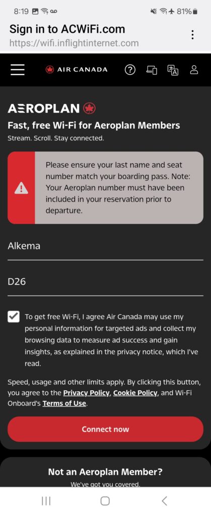 Error sign-in message states that you must have connected your Aeroplan prior to departure.