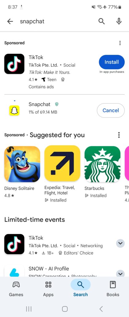 Downloading the Snapchat app on Google Play