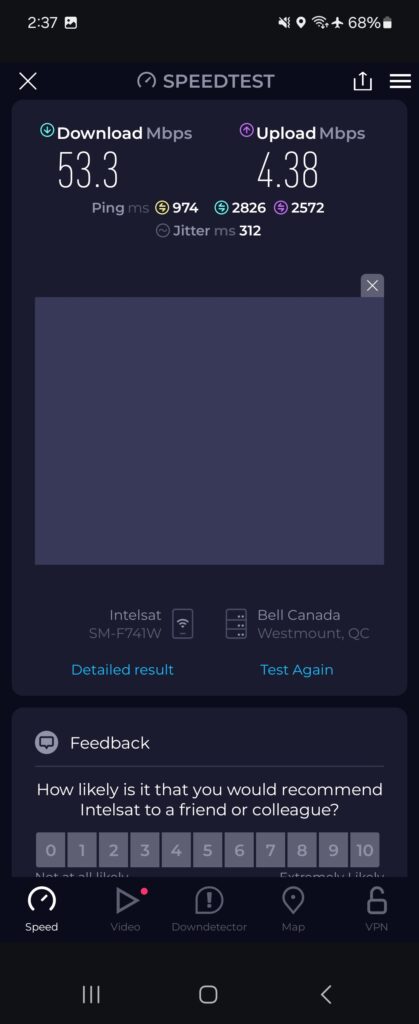 Air Canada Speedtest showing