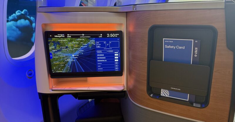 United Airlines 787-9 Elevated mockup, showing in this instance the seatback screen in a Polaris Suite