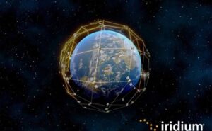 A rendering of the earth with Iridium satellite network lines depicted above it. Iridium logo is to the bottom right of the image. Enhanced Short Burst Data ESBD