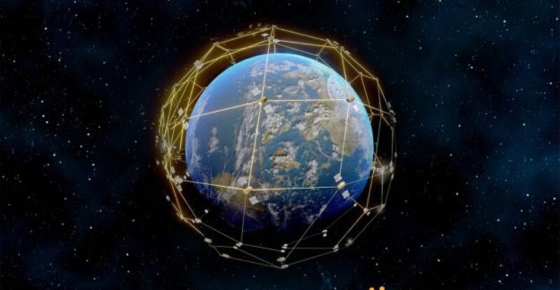 A rendering of the earth with Iridium satellite network lines depicted above it. Iridium logo is to the bottom right of the image. Enhanced Short Burst Data ESBD