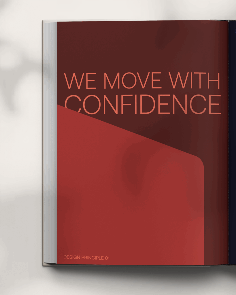 A red book titled "We move with Confidence" 