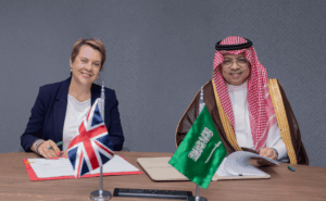 H.E. Abdulaziz Al-Duailej, President of GACA, and Dr. Rannia Leontaridi, Director General for Aviation, Maritime, and Security at the UK Department for Transport, sign the agreement.