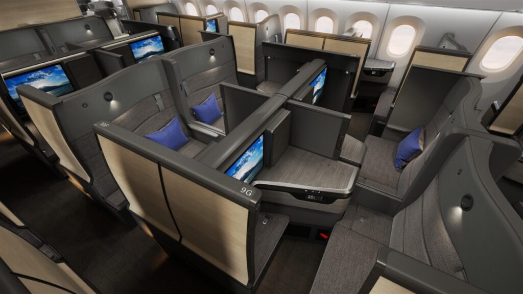 Overhead view of the business class cabin with The Door FX suites.