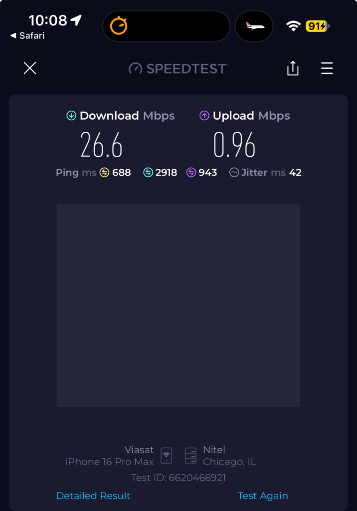 A screenshot showing the wifi speeds inflight