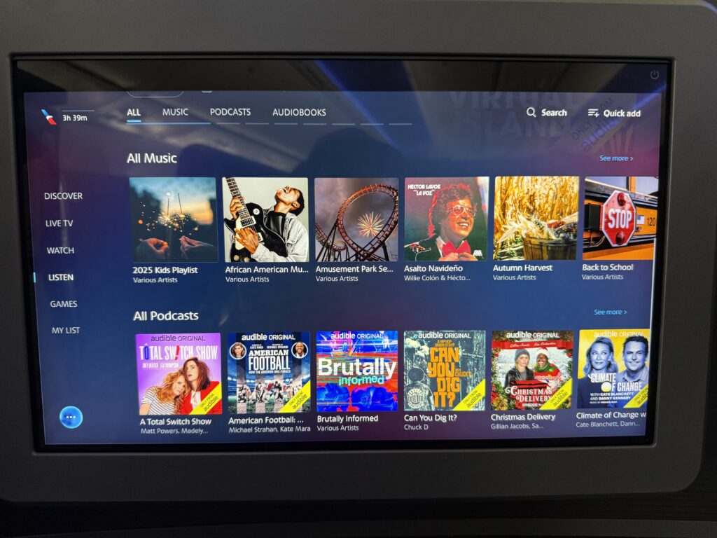 Various content options on the IFE aboard this American Airlines 787-9P