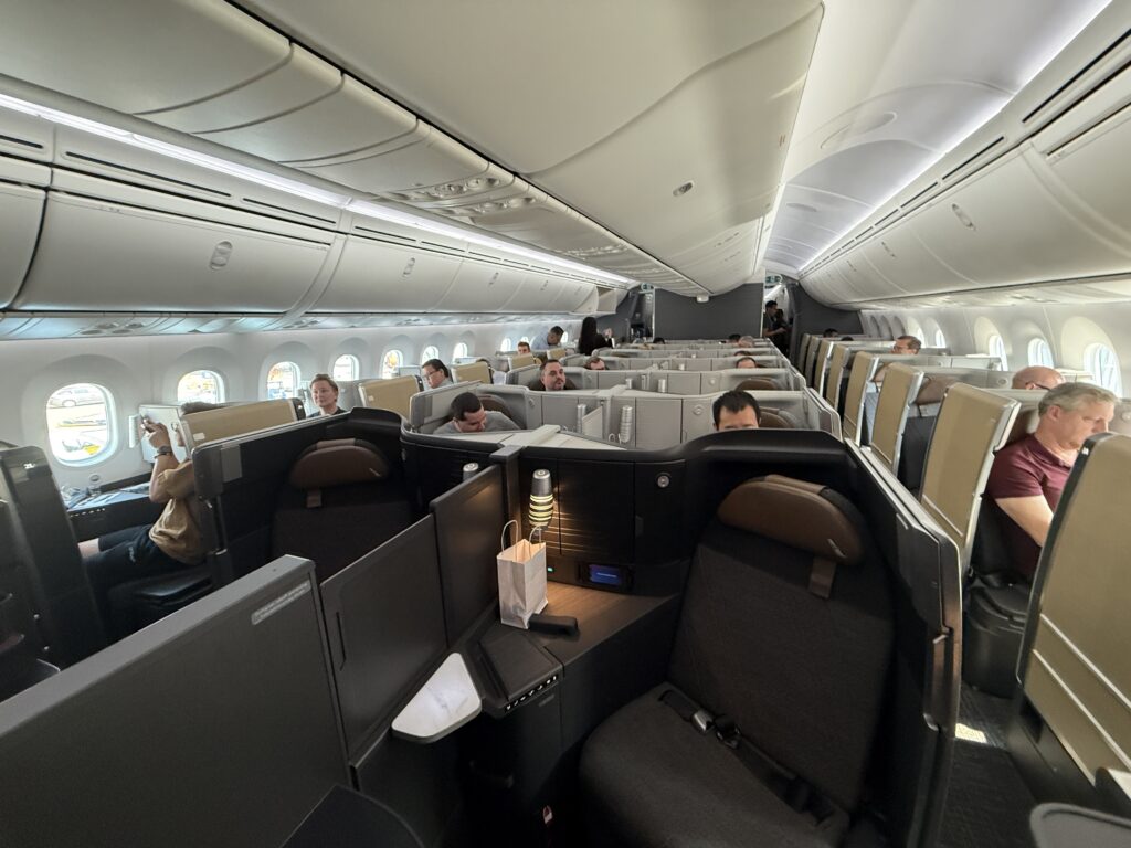 Looking down the Flagship business class cabin of the American Airlines 787-9P