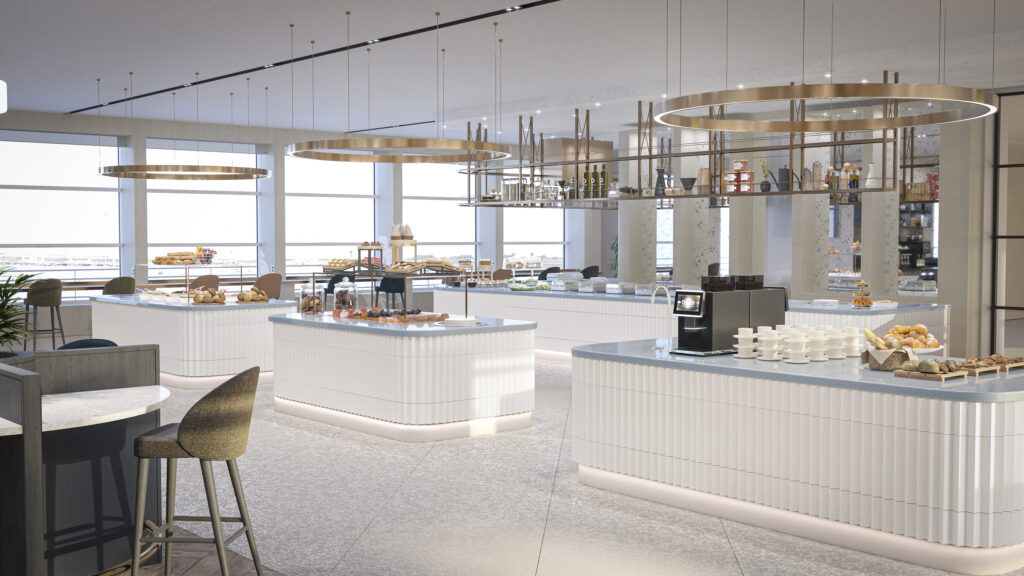Lots of natural light floods into the buffet area, which is adorned with artistic light fixtures.