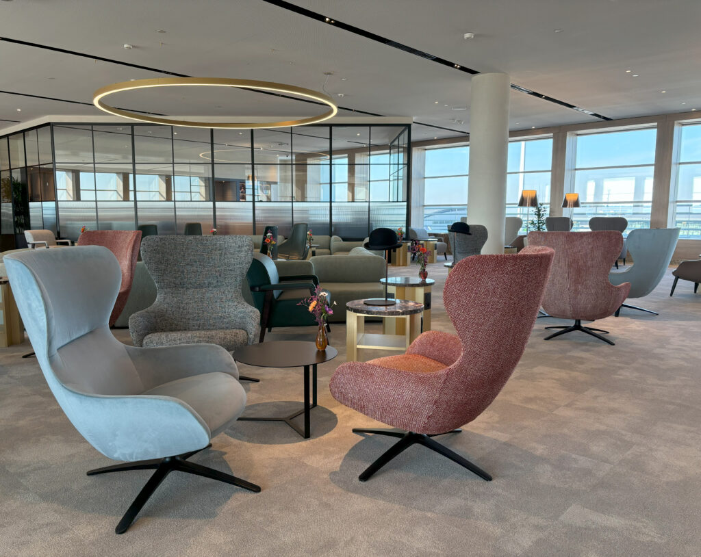 Close up of some of the multi-colored seats in the lounge at Brussels Airport, as designed by JPA Design