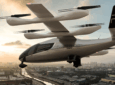 Rendering of Eve Air Mobility eVOTL with Future Flight Global branding in flight.