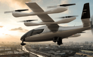 Rendering of Eve Air Mobility eVOTL with Future Flight Global branding in flight.