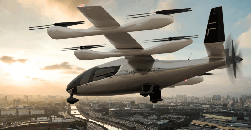 Rendering of Eve Air Mobility eVOTL with Future Flight Global branding in flight.