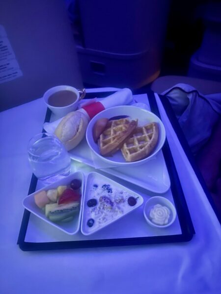 Breakfast tray with waffles, fruit, yogurt, coffee and bread roll. 