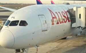 Austrian Airlines 787-9 parked at the gate on a sunny day in Vienna