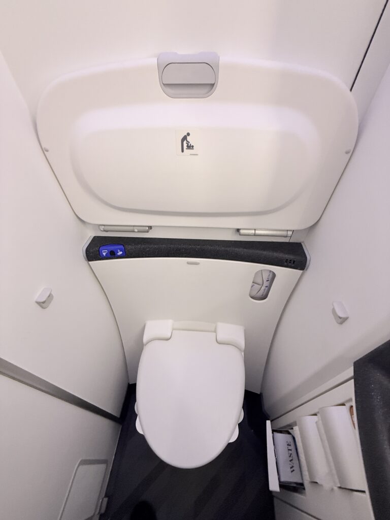 Overhead view of toilet and baby changing table.