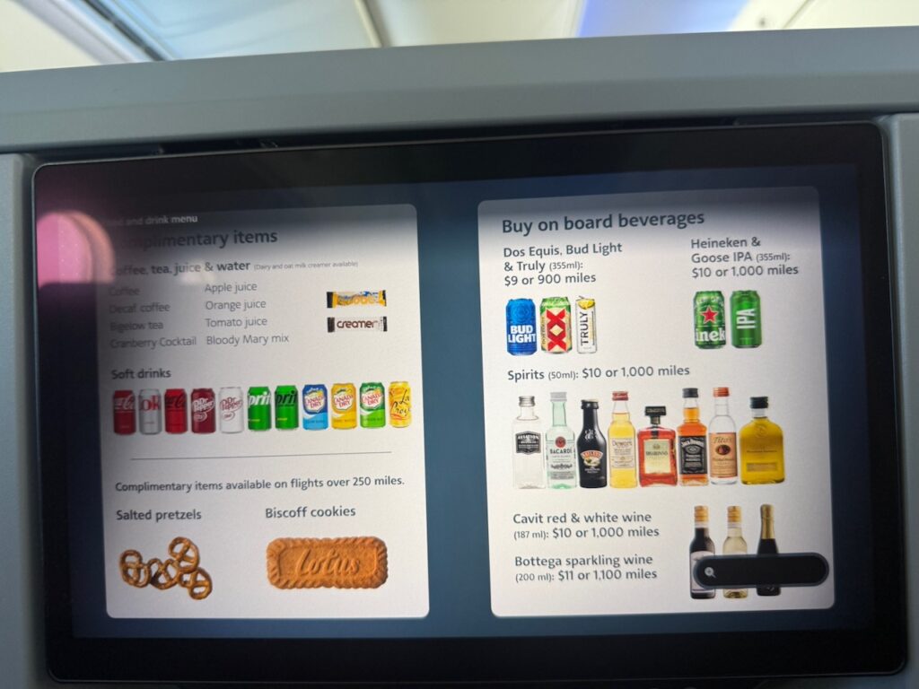 IFE screen with buy-on-board menu being displayed