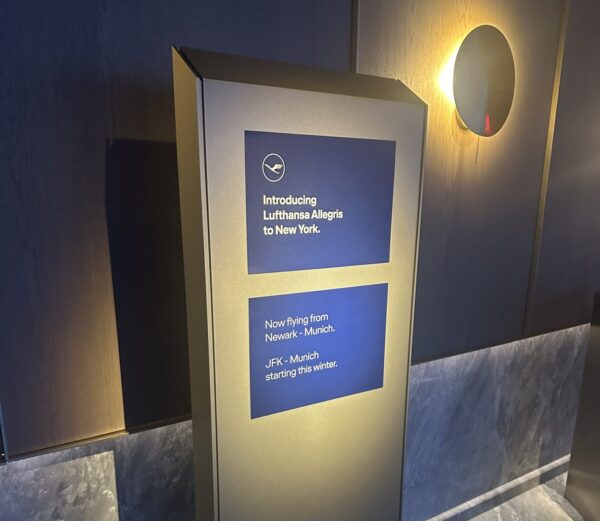 Lufthansa signage at event in NY, touting the new Allegris flights to Newark and soon to JFK
