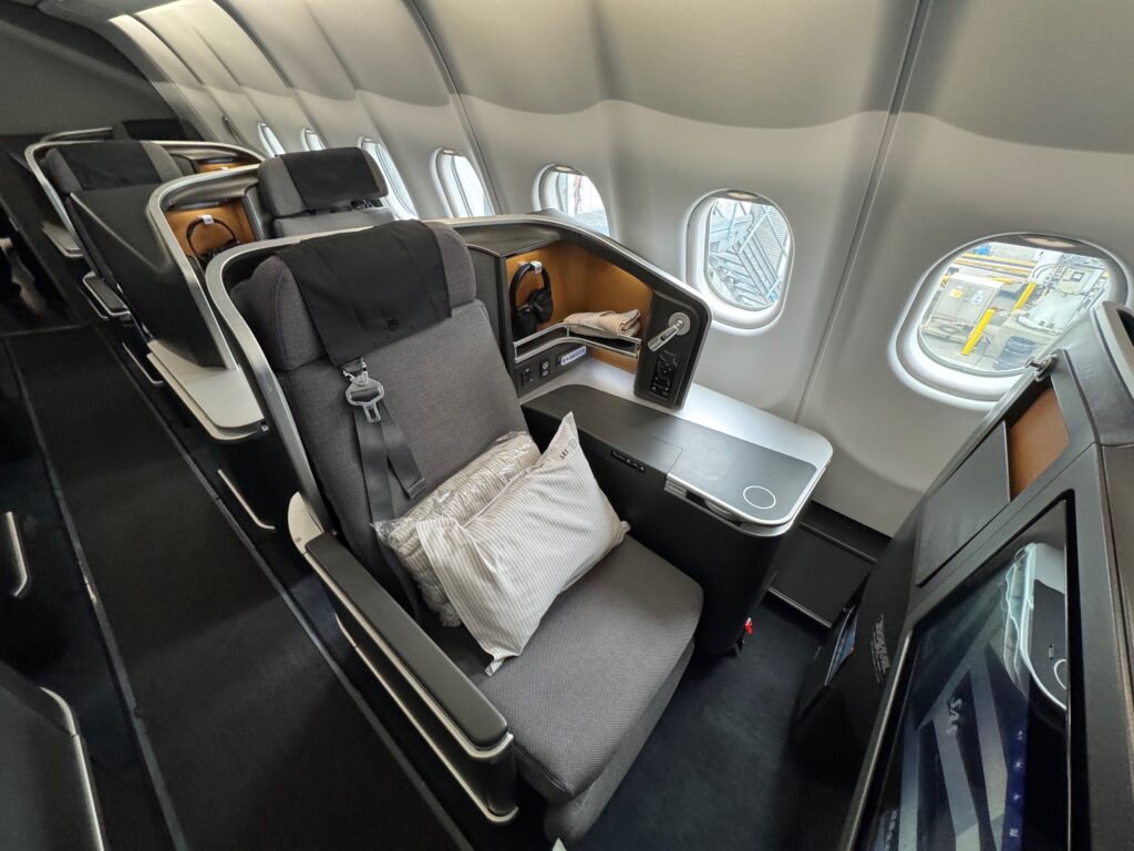 Business class, window seat. Plenty of space, little privacy. 