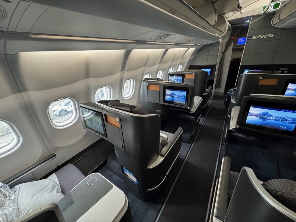 A view of business class from the rear of the cabin aboard this SAS A330