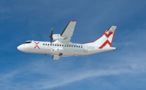 Rendering of ATR turboprop in JSX livery in-flight