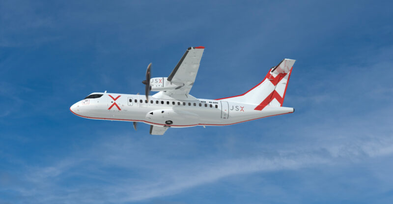 Rendering of ATR turboprop in JSX livery in-flight