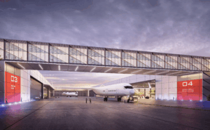 A rendering of the JetZero Greensboro, N.C. site up close with an aircraft at the hangar