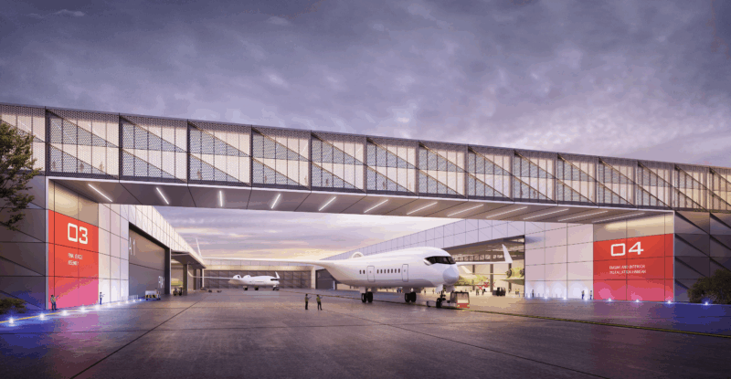 A rendering of the JetZero Greensboro, N.C. site up close with an aircraft at the hangar
