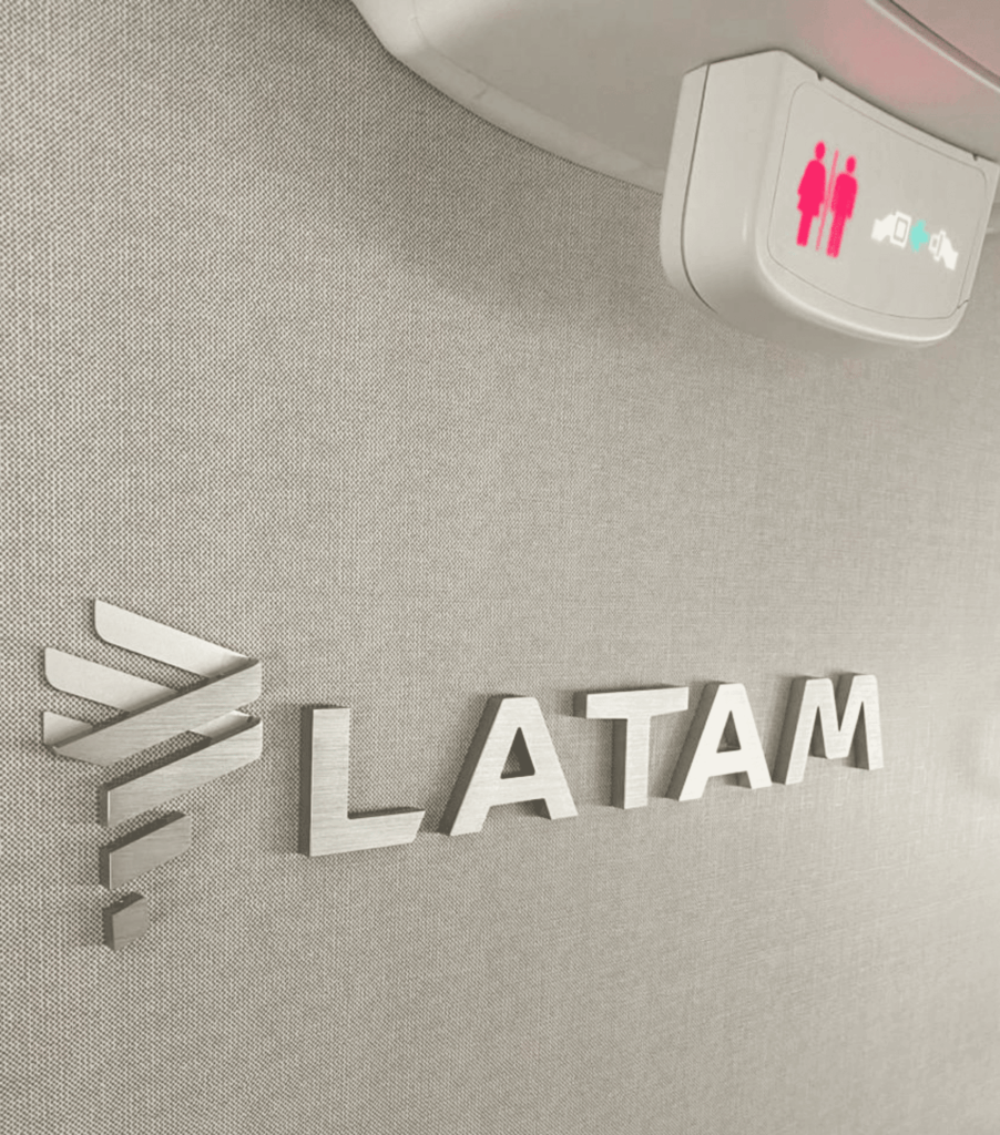 Close up of LATAM branding and logo on a monument
