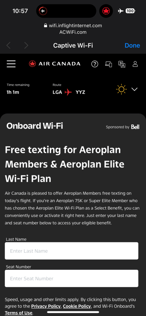 Onboard Wi-Fi login portal for Air Canada