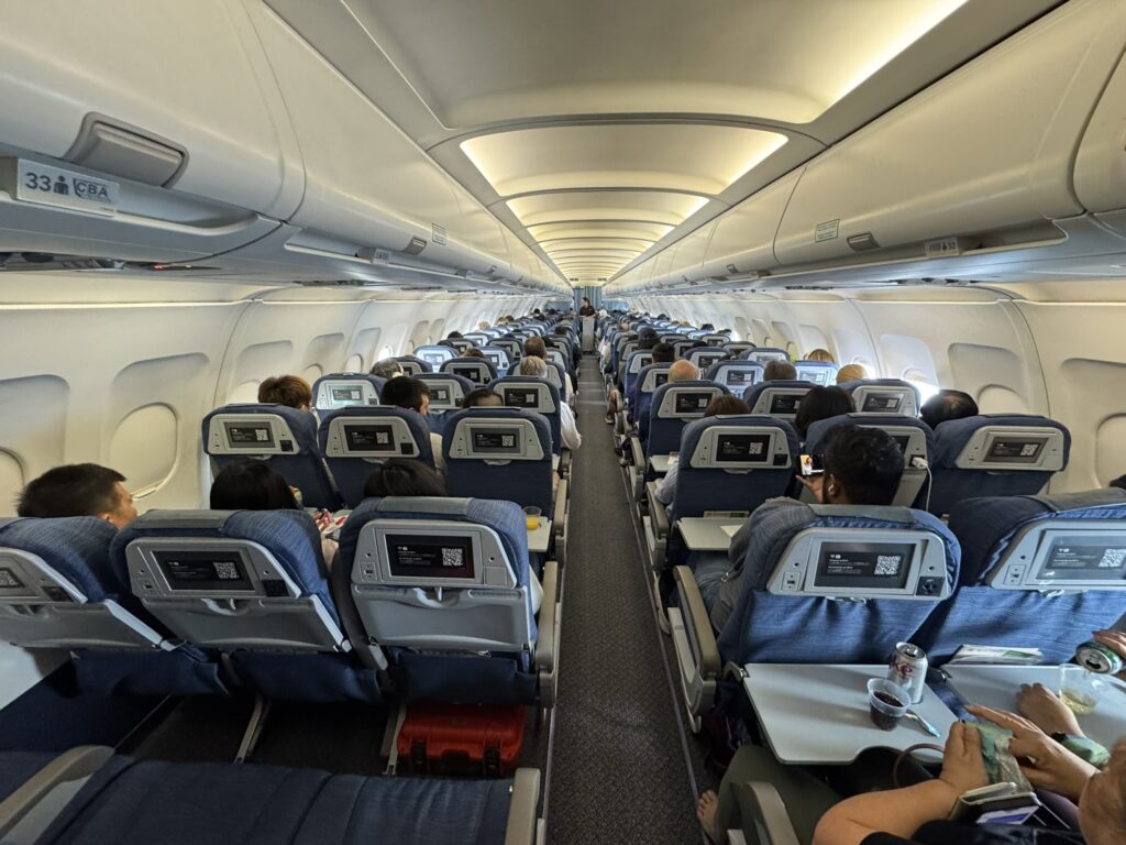 Cabin view of the plush seats on the A320.
