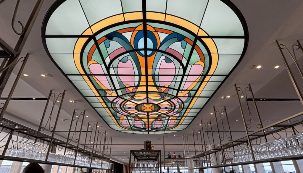 Close up of the spectacular stained glass above the bar.