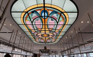 Close up of the spectacular stained glass above the bar.