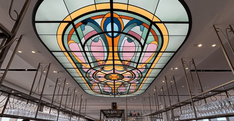 Close up of the spectacular stained glass above the bar.