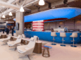 The blue bar at ITA Airways' Runway lounge at Linate airport.