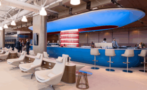 The blue bar at ITA Airways' Runway lounge at Linate airport.