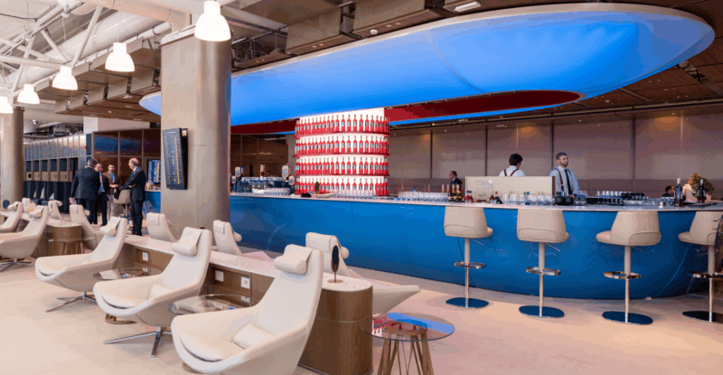 The blue bar at ITA Airways' Runway lounge at Linate airport.