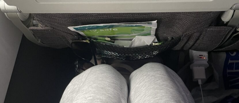 A woman's knees are seen a a short distance from the seat in front of her in economy class on an Aer Lingus flight