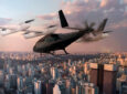 Rendering of Eve eVTOL in Revo livery flying over a city